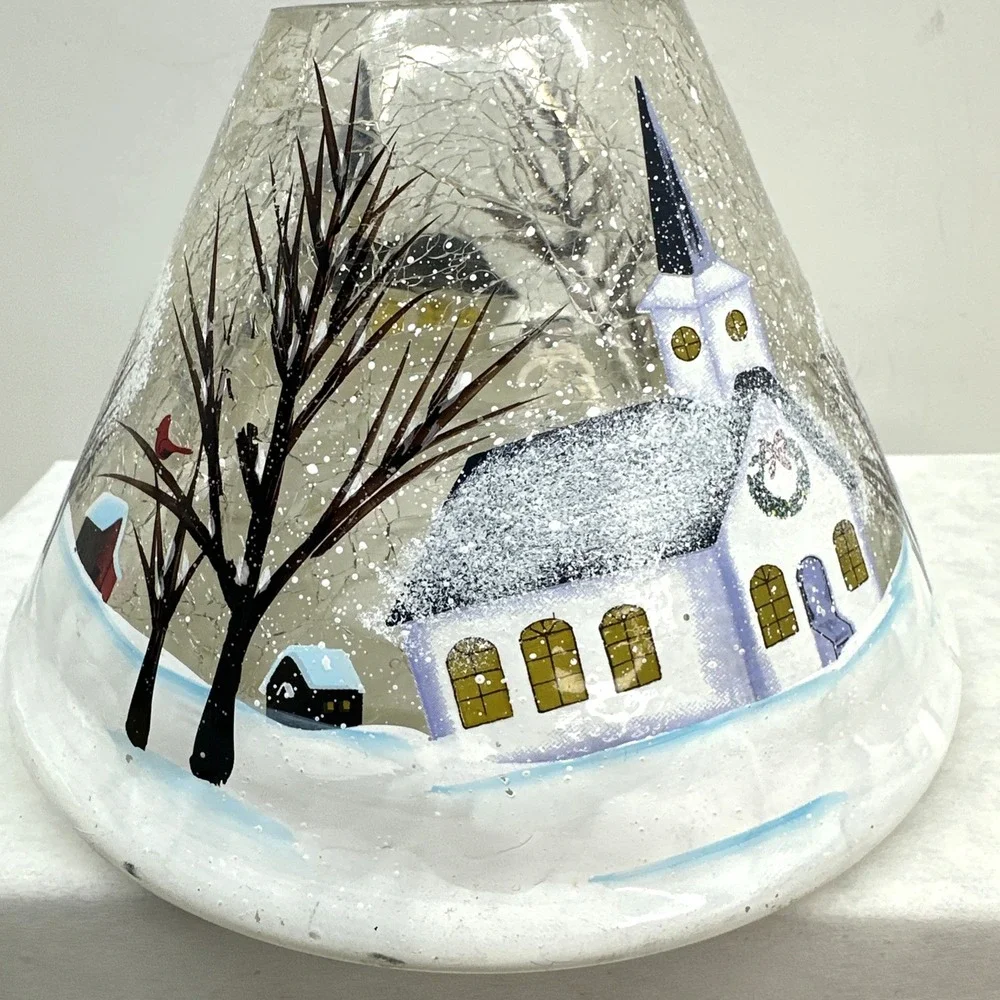 Yankee Candle Crackle Glass Shade Topper Round Plate Winter Snow Chapel Church